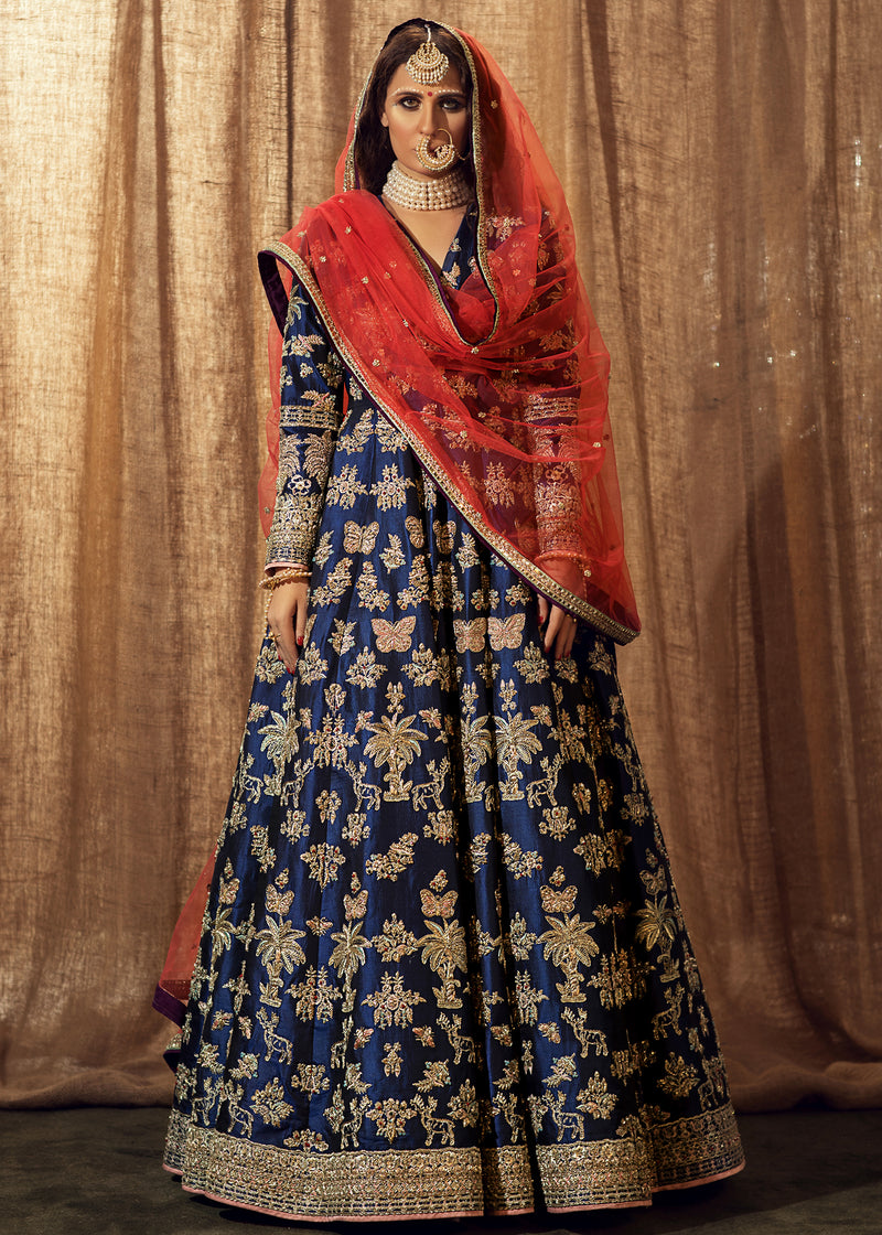 Navy Blue Embroidered Silk Anarkali Dress (2-Piece) - Image 1