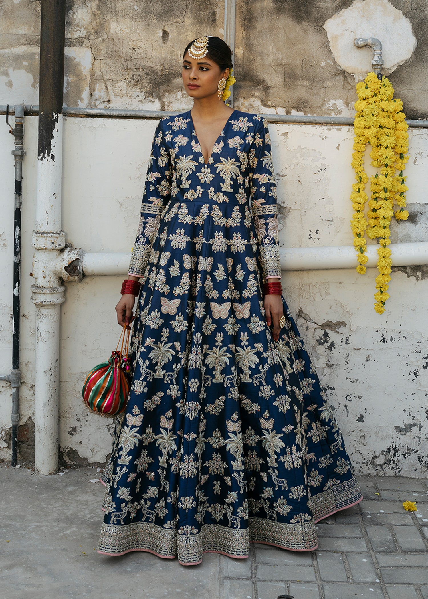 Navy Blue Embroidered Silk Anarkali Dress (2-Piece) - Image 6