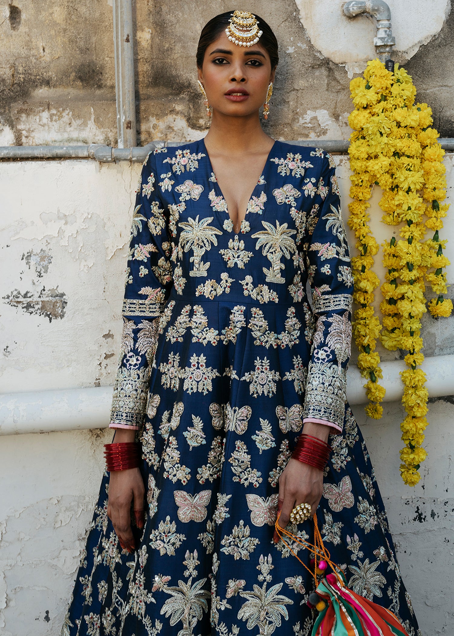 Navy Blue Embroidered Silk Anarkali Dress (2-Piece) - Image 7