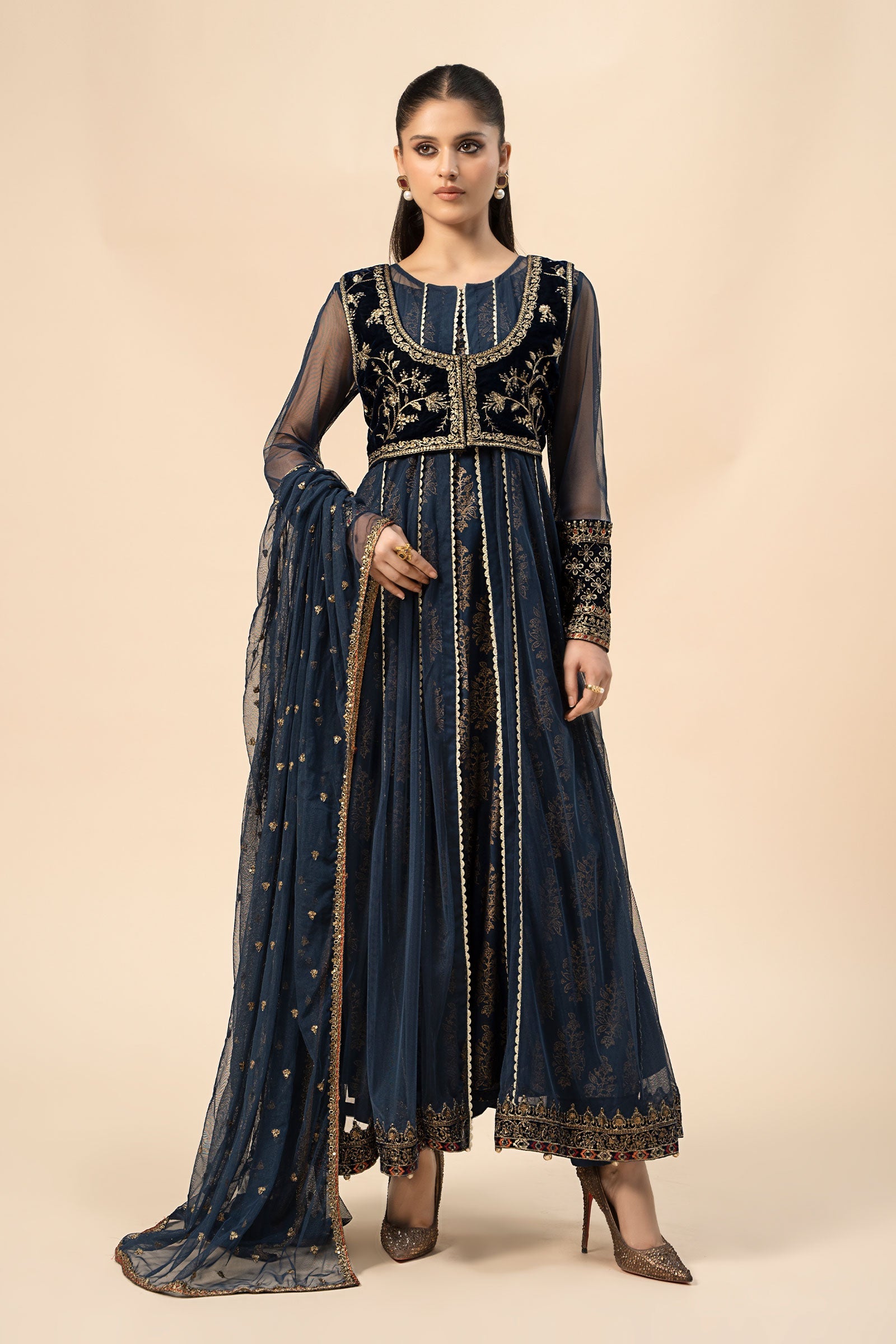 Blue Embroidered Velvet & Net Anarkali Dress (3-Piece) - Image 2
