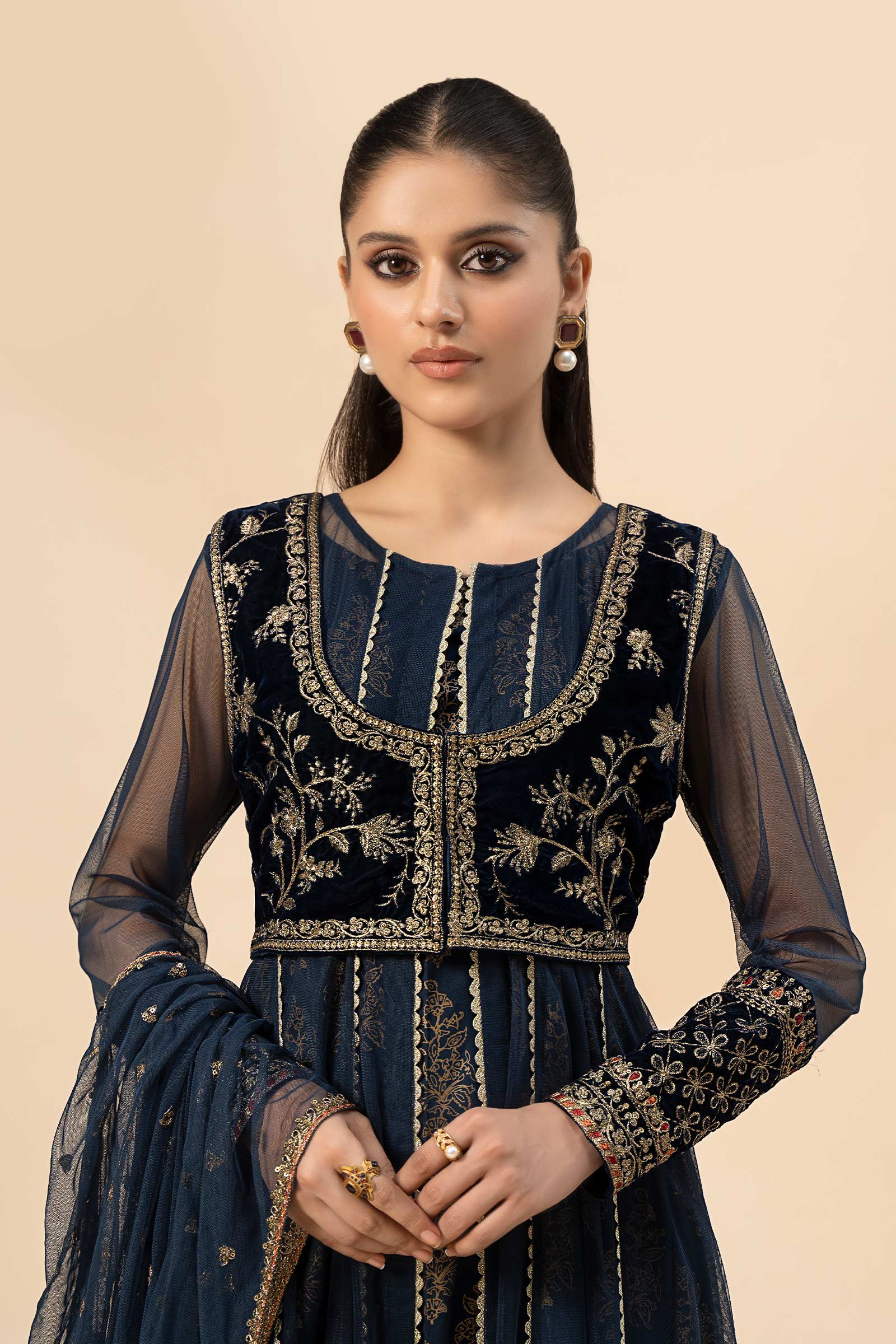 Blue Embroidered Velvet & Net Anarkali Dress (3-Piece) - Image 3