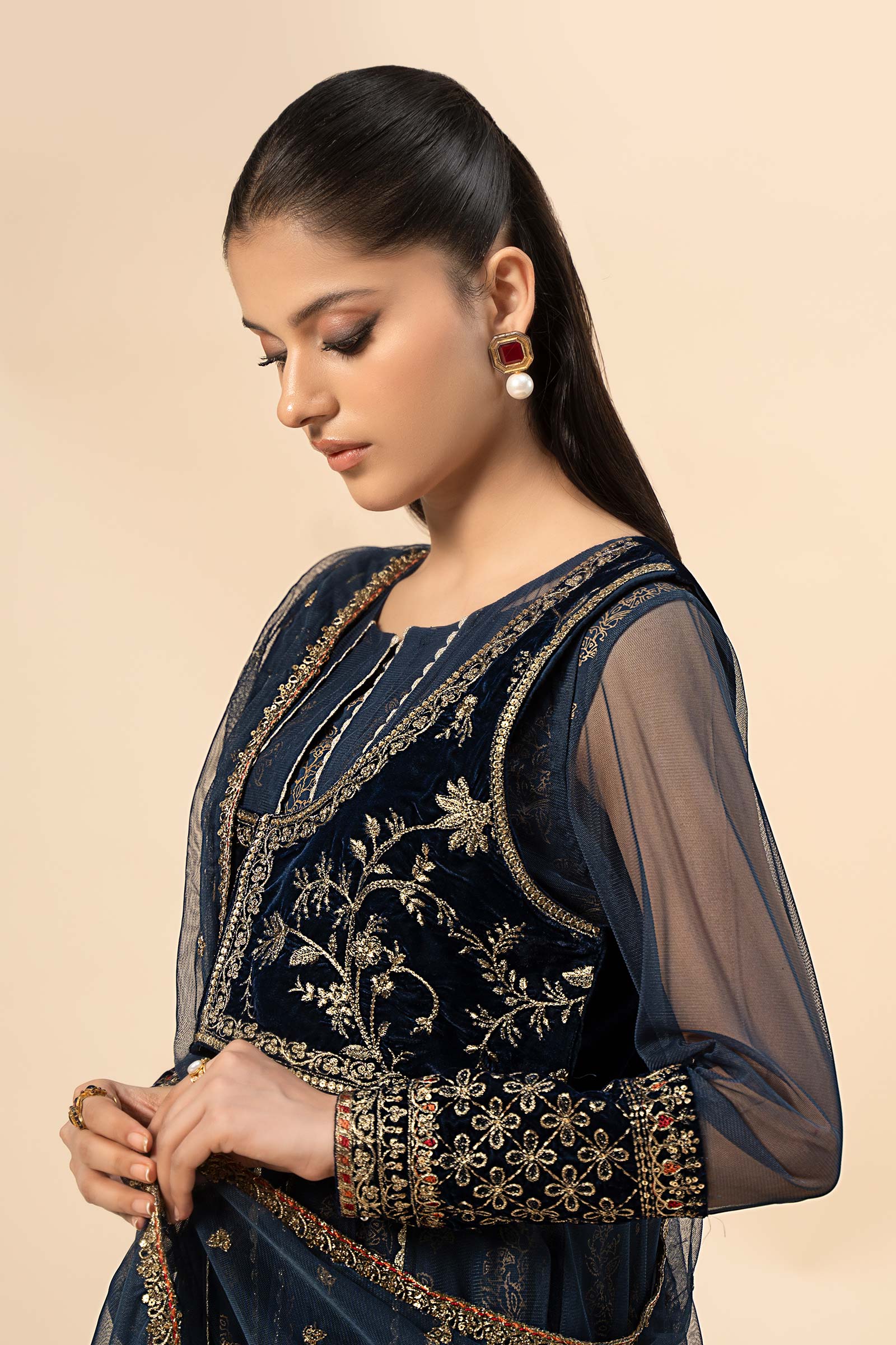 Blue Embroidered Velvet & Net Anarkali Dress (3-Piece) - Image 4