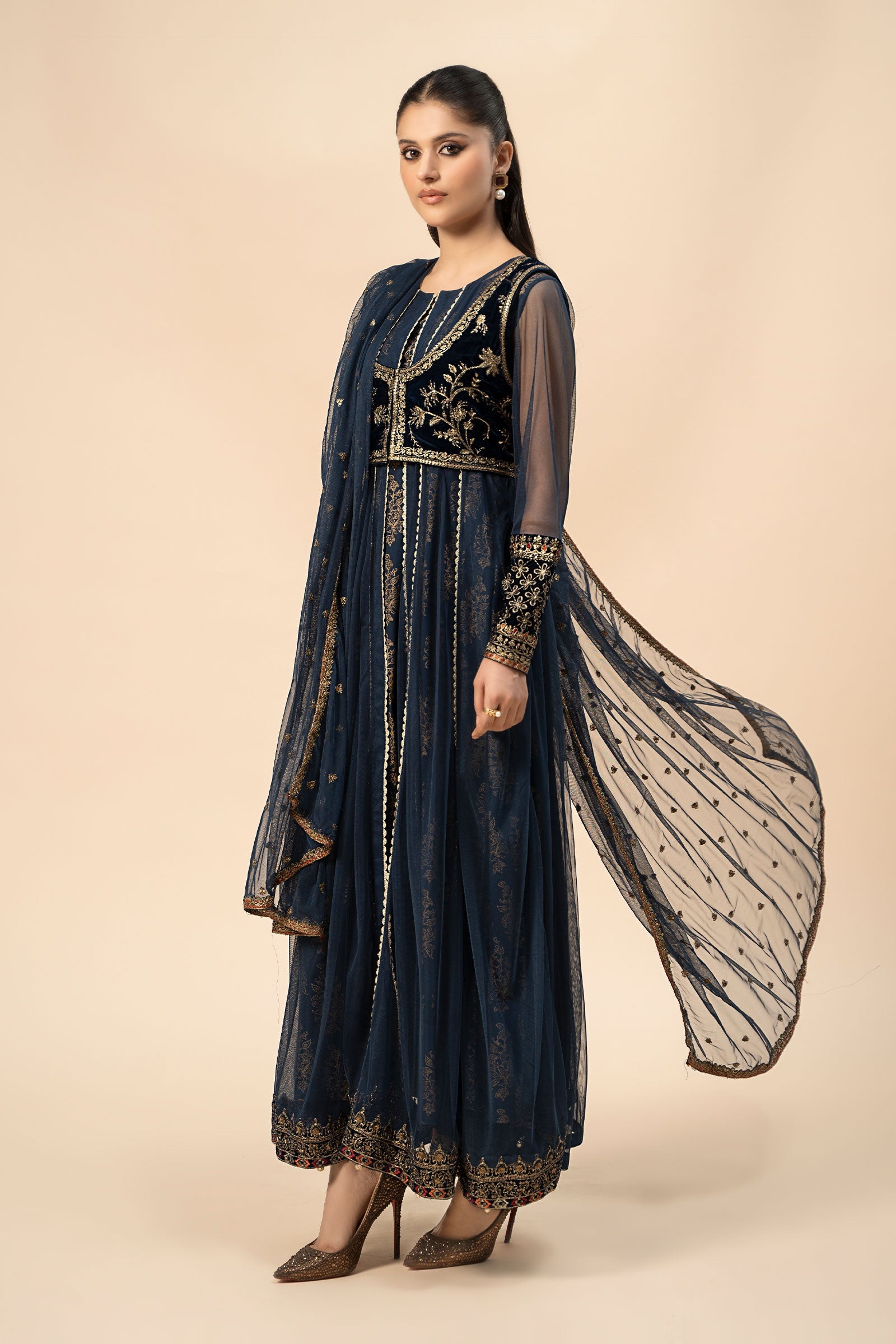 Blue Embroidered Velvet & Net Anarkali Dress (3-Piece) - Image 5