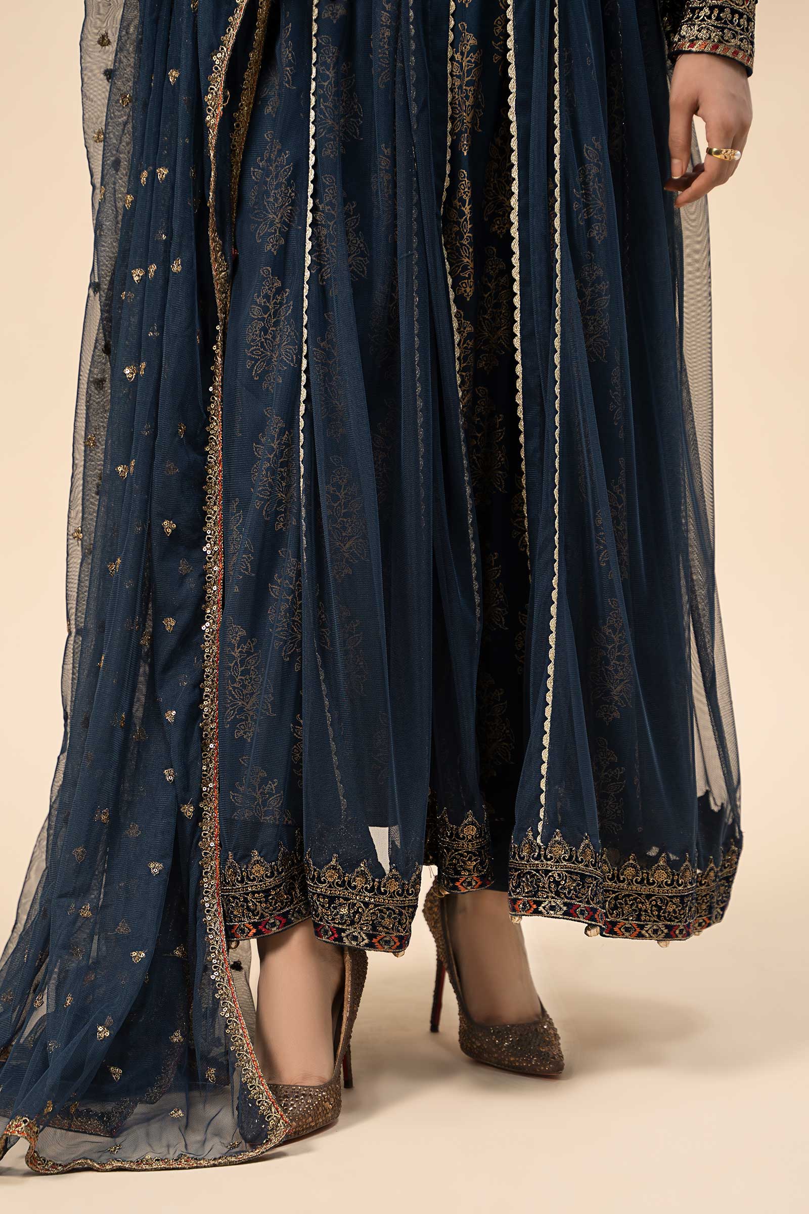 Blue Embroidered Velvet & Net Anarkali Dress (3-Piece) - Image 6