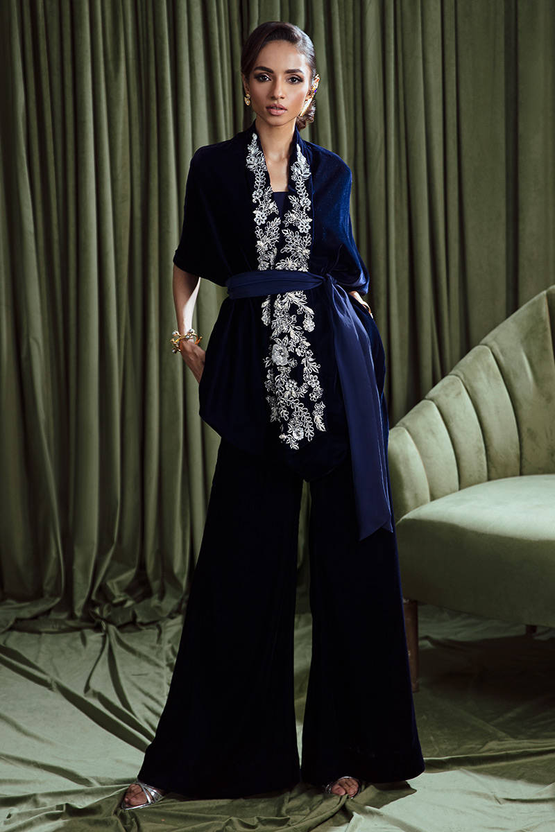 Pakistani Navy Blue Embroidered Velvet Angrakha (2-Piece) - Image 1