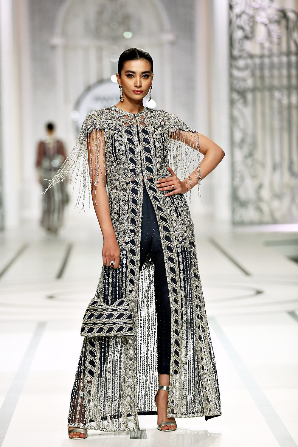 Indian Navy Blue Embroidered Net Silk Jacket Set (2-Piece) - Image 2