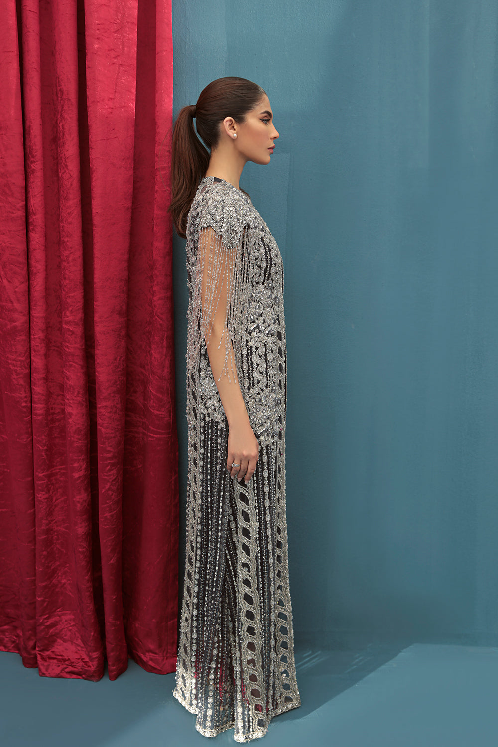 Indian Navy Blue Embroidered Net Silk Jacket Set (2-Piece) - Image 3