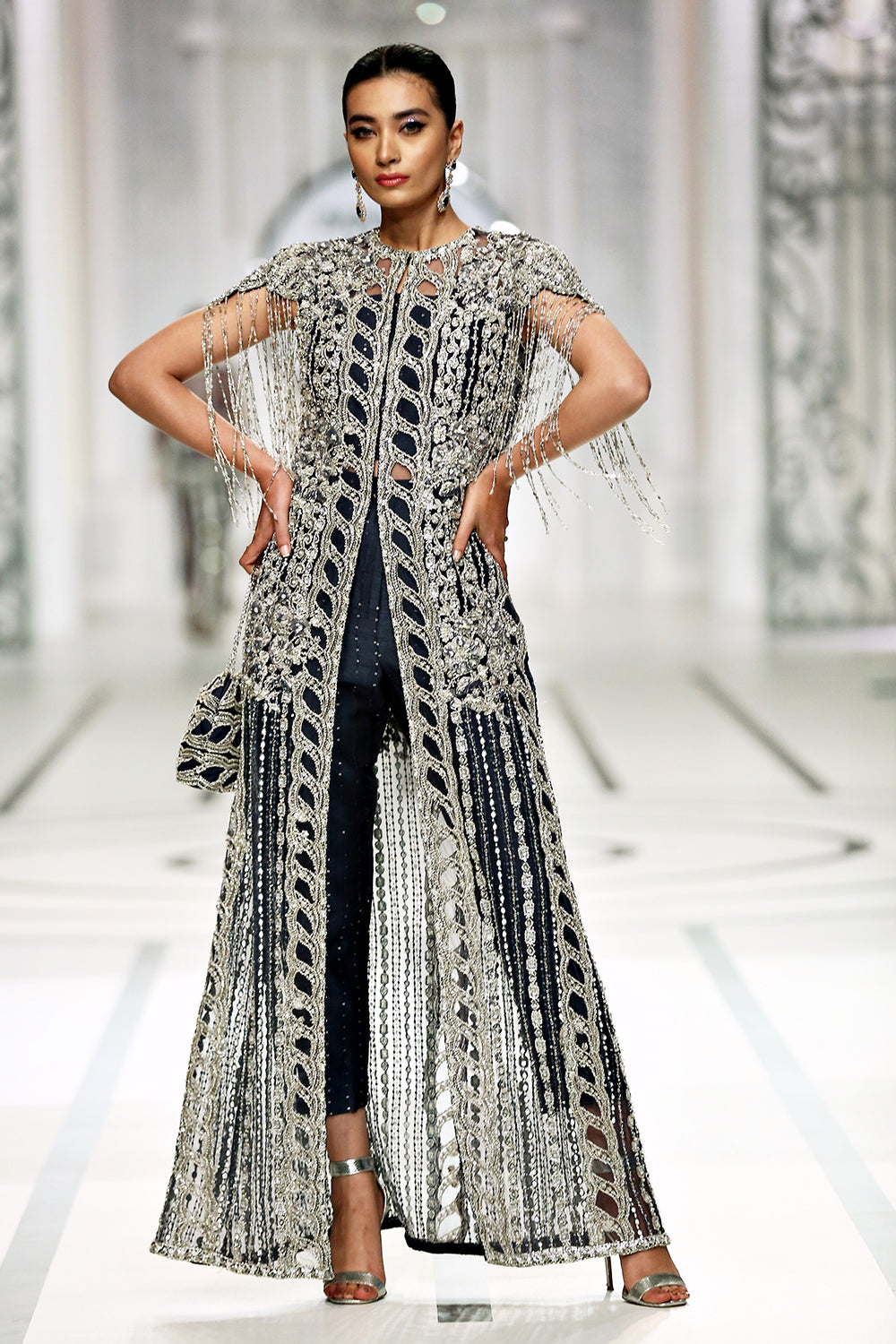 Indian Navy Blue Embroidered Net Silk Jacket Set (2-Piece) - Image 4