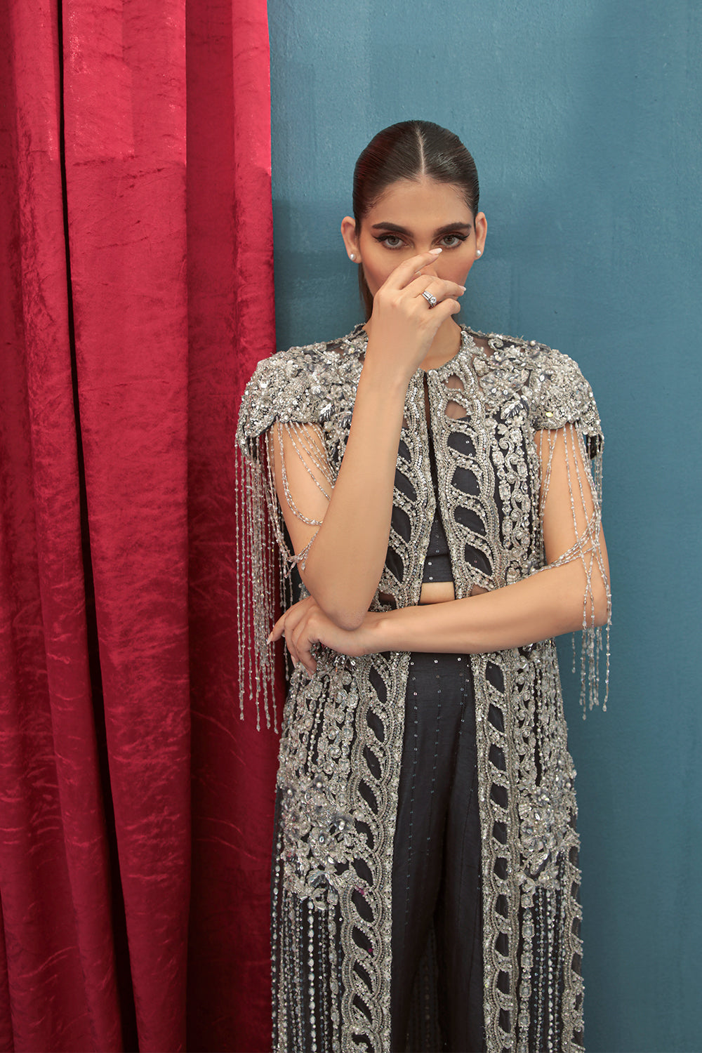 Indian Navy Blue Embroidered Net Silk Jacket Set (2-Piece) - Image 5