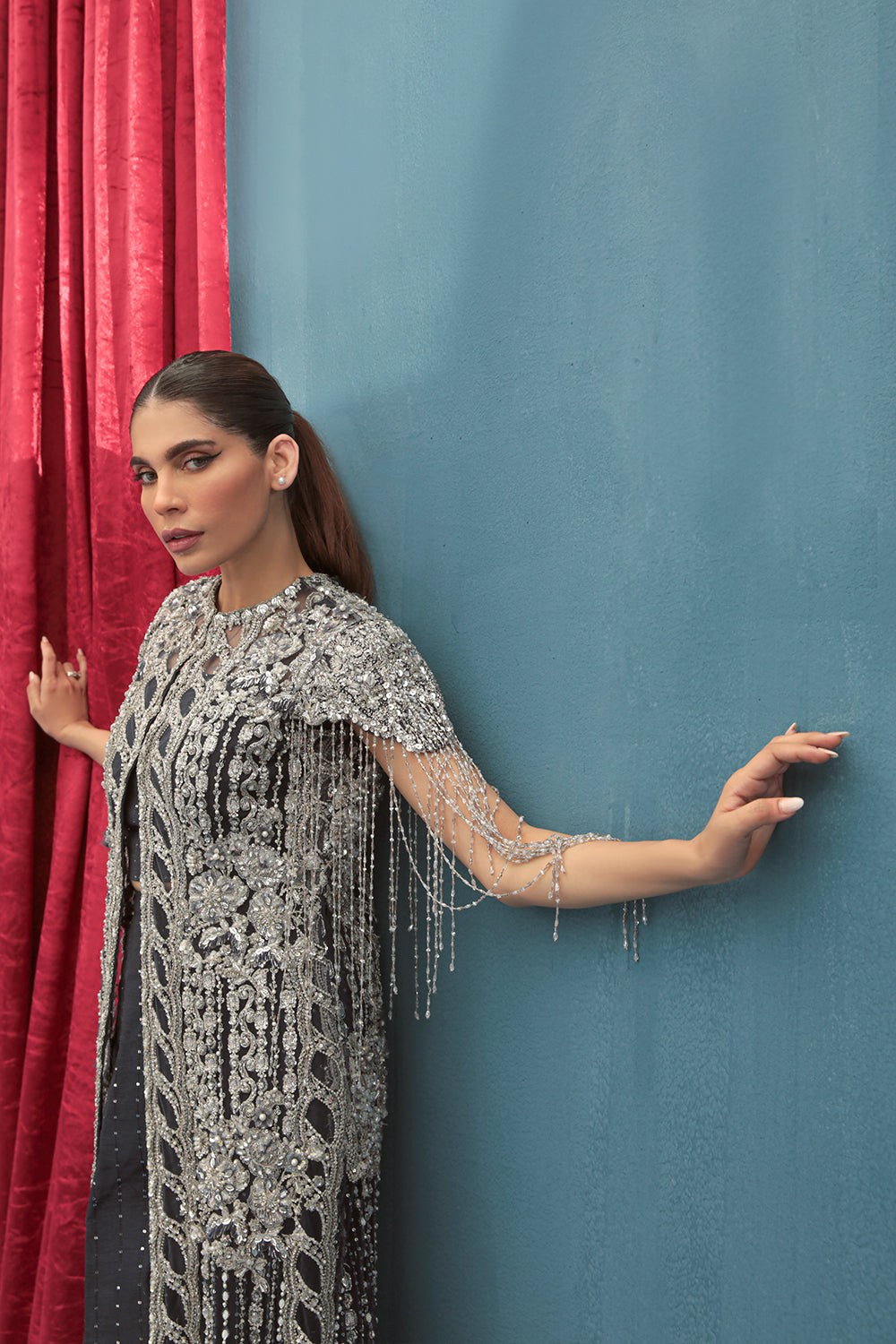 Indian Navy Blue Embroidered Net Silk Jacket Set (2-Piece) - Image 7