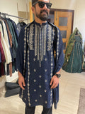 Navy Embroidered Raw Silk Kurta Pajama (3-Piece) - Image 3