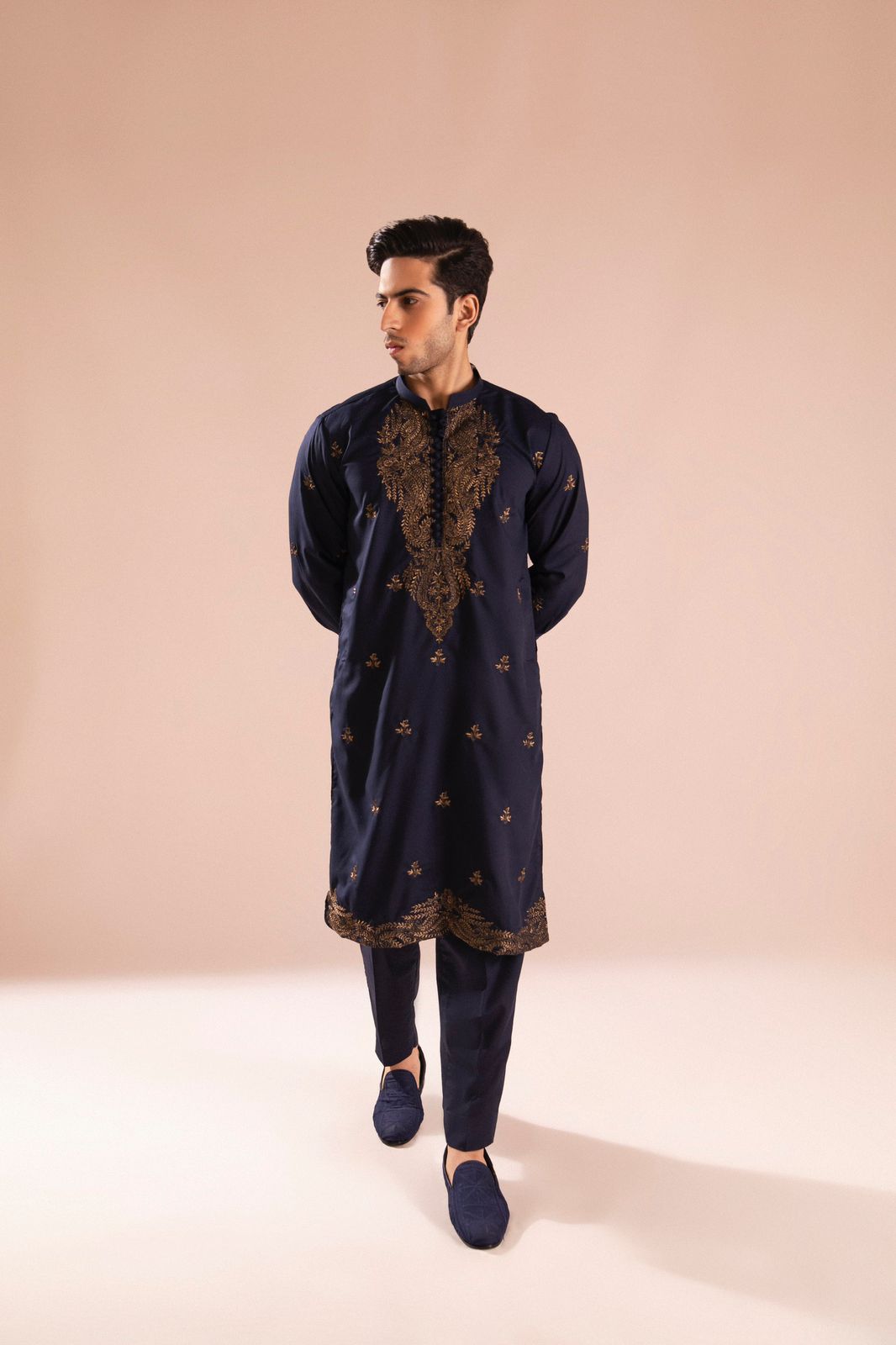 Navy Copper Tilla Embroidered Wash & Wear Kurta Pajama (2-Piece) - Image 1