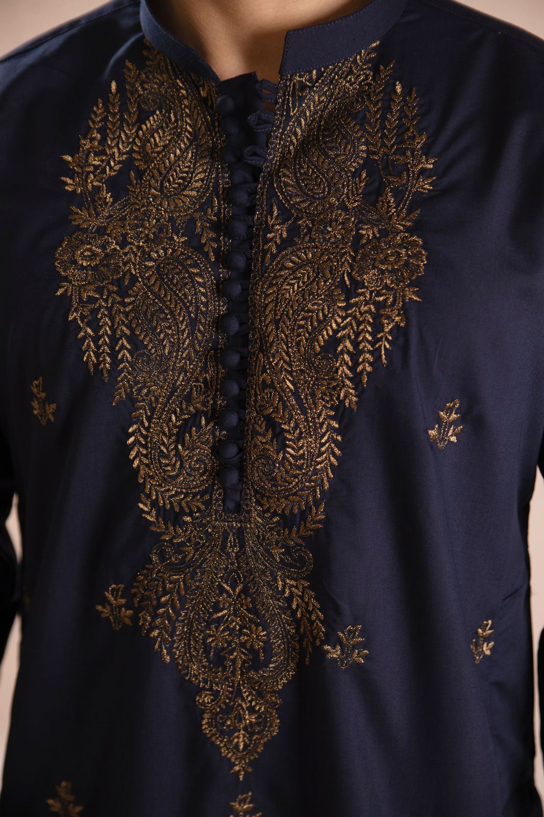 Navy Copper Tilla Embroidered Wash & Wear Kurta Pajama (2-Piece) - Image 2
