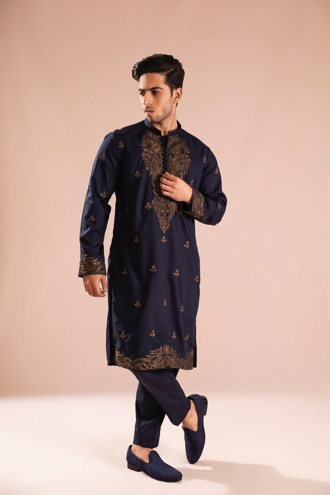 Navy Copper Tilla Embroidered Wash & Wear Kurta Pajama (2-Piece) - Image 3