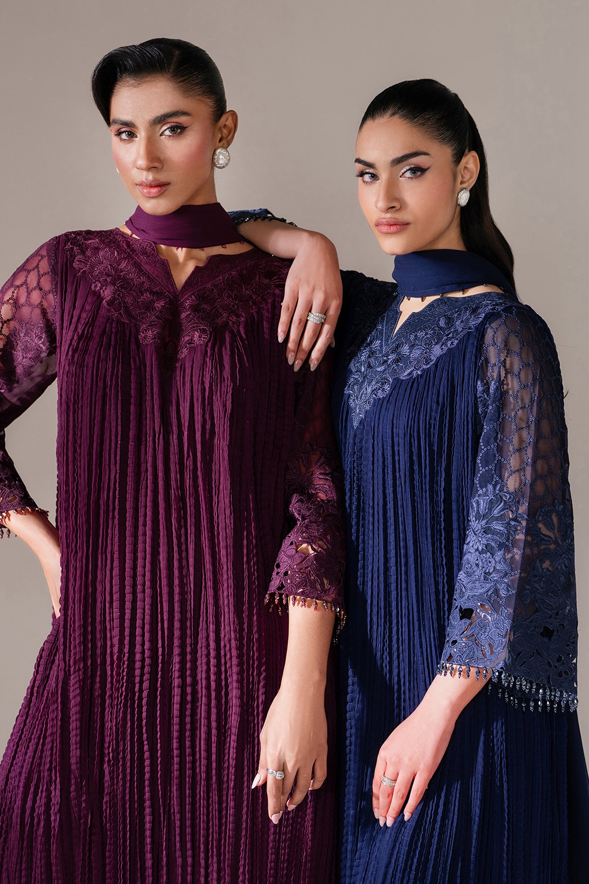 Pakistani Navy Embroidered Chiffon Frock (3-Piece) - Image 10