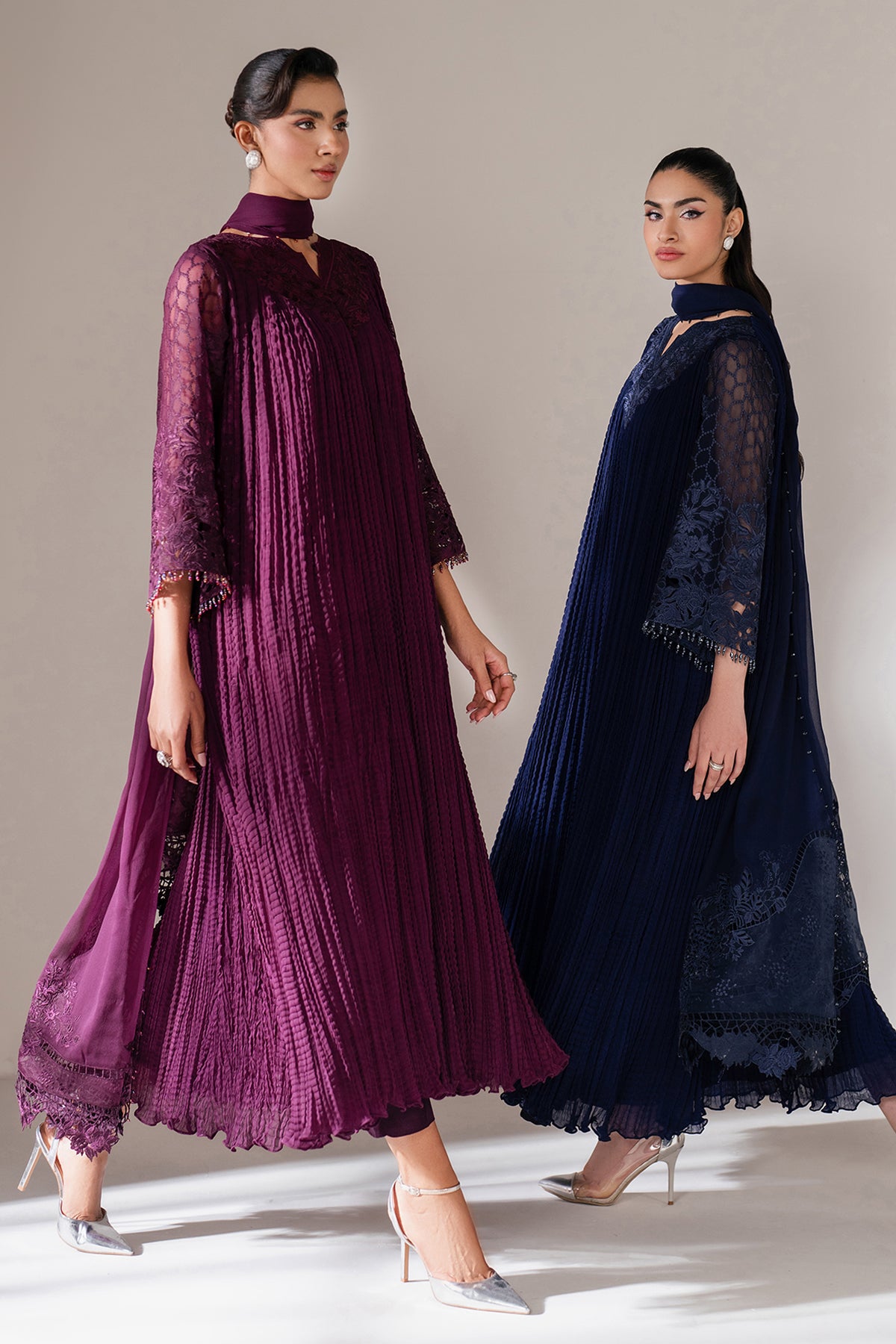 Pakistani Navy Embroidered Chiffon Frock (3-Piece) - Image 11