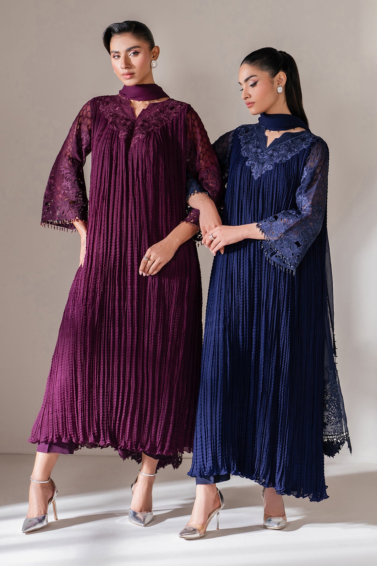 Pakistani Navy Embroidered Chiffon Frock (3-Piece) - Image 13