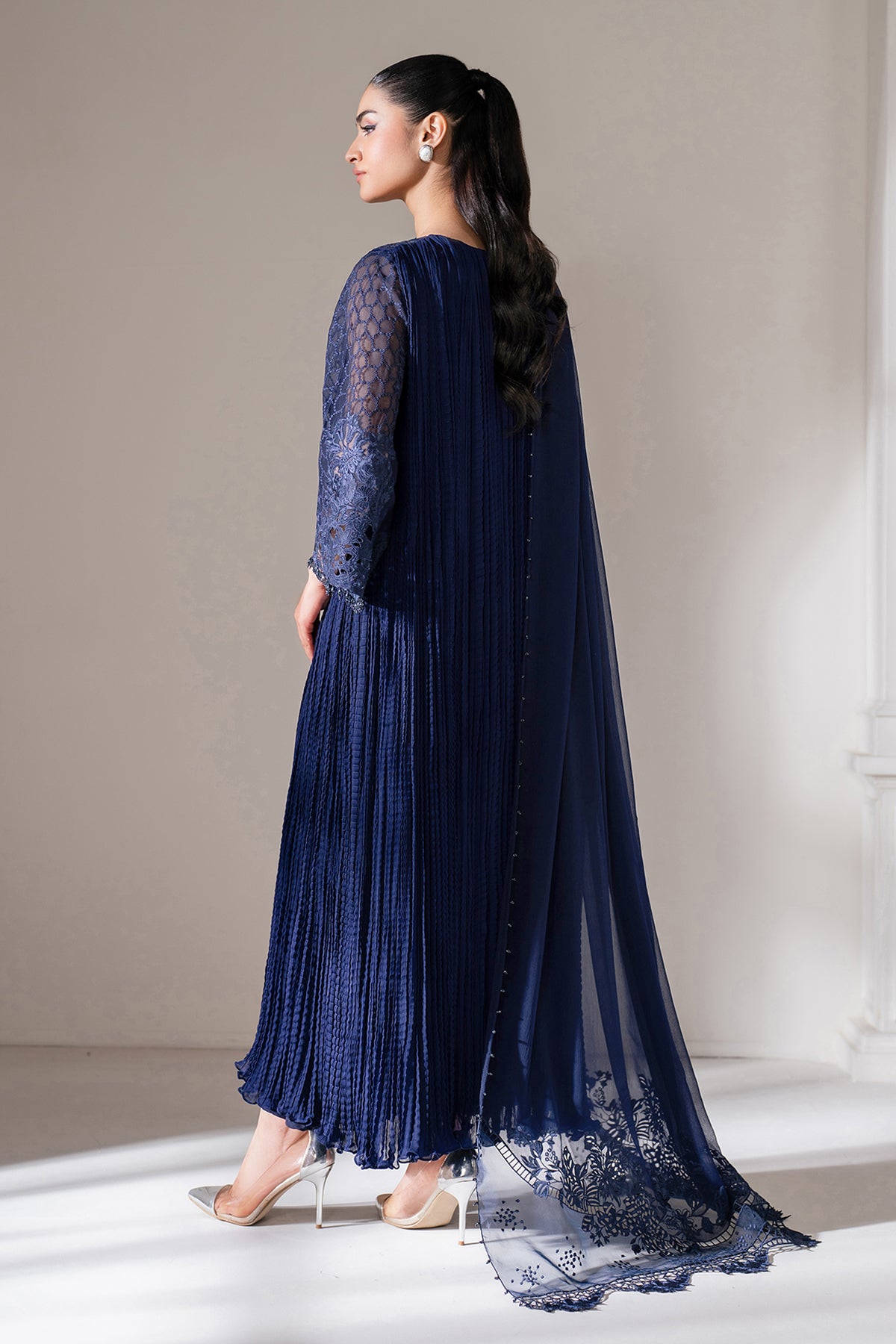 Pakistani Navy Embroidered Chiffon Frock (3-Piece) - Image 2