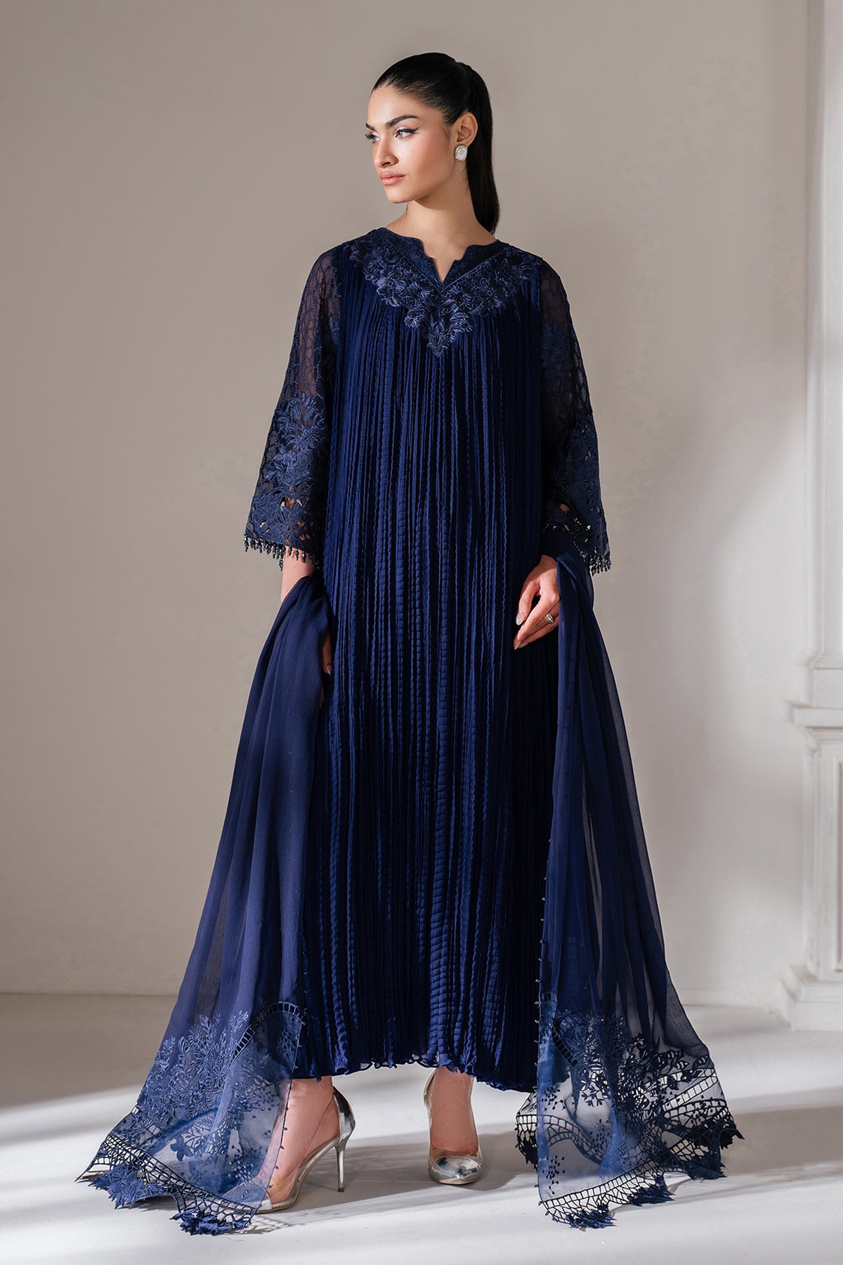 Pakistani Navy Embroidered Chiffon Frock (3-Piece) - Image 3