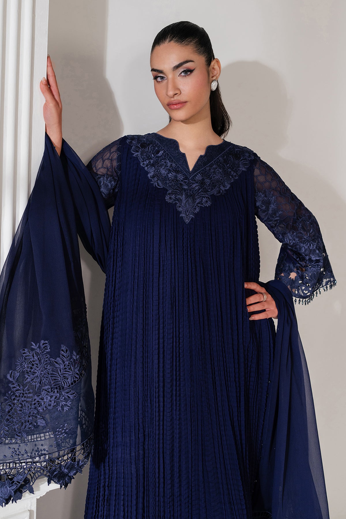 Pakistani Navy Embroidered Chiffon Frock (3-Piece) - Image 4