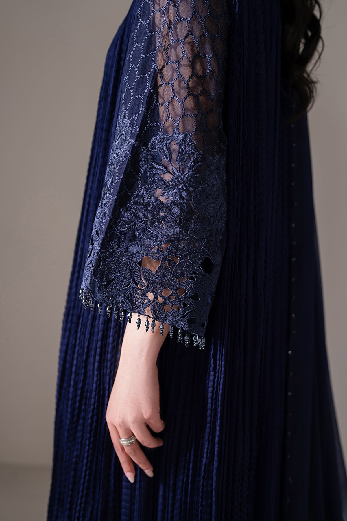 Pakistani Navy Embroidered Chiffon Frock (3-Piece) - Image 5