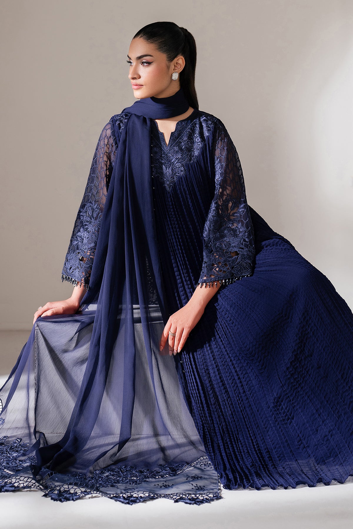 Pakistani Navy Embroidered Chiffon Frock (3-Piece) - Image 7