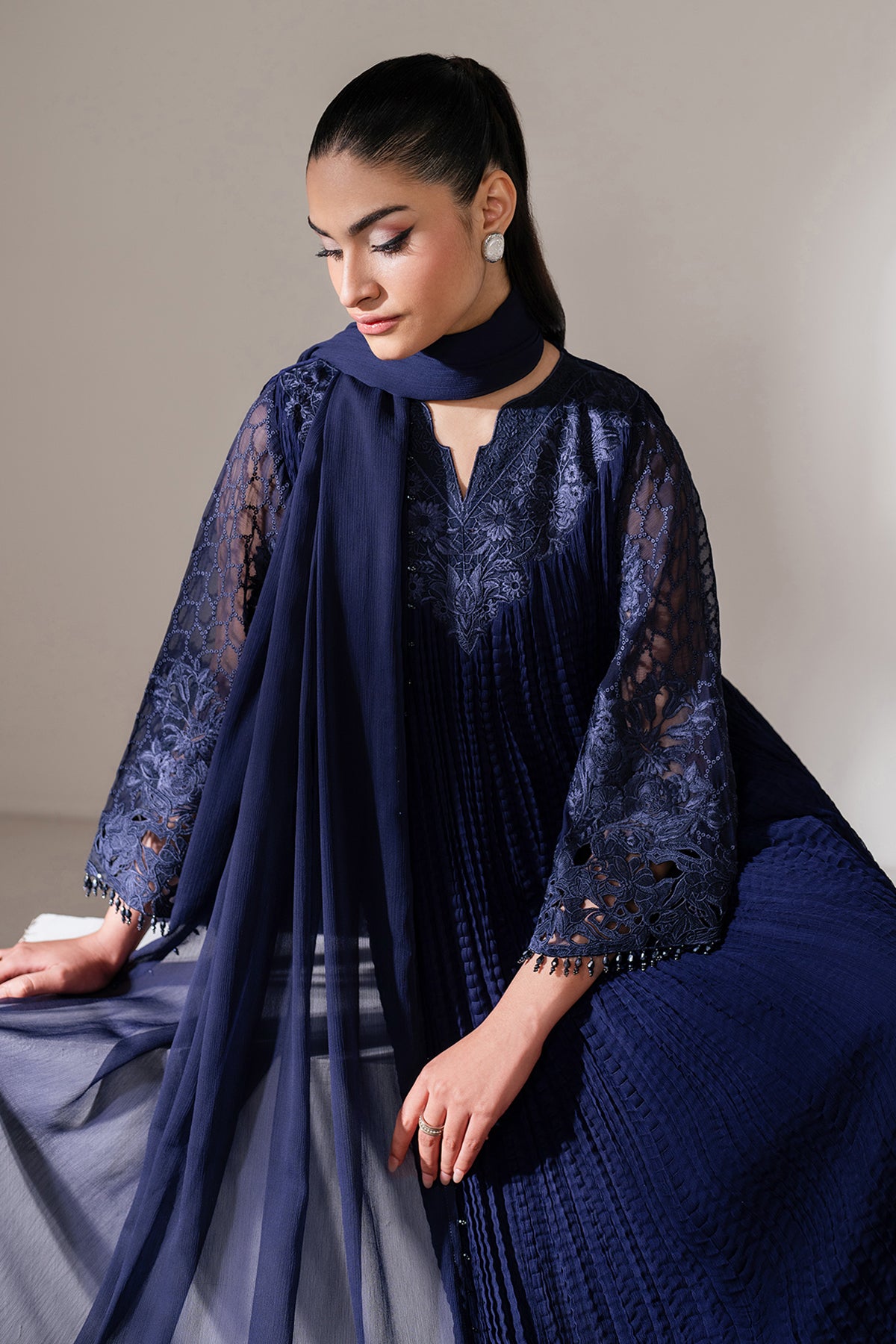 Pakistani Navy Embroidered Chiffon Frock (3-Piece) - Image 8