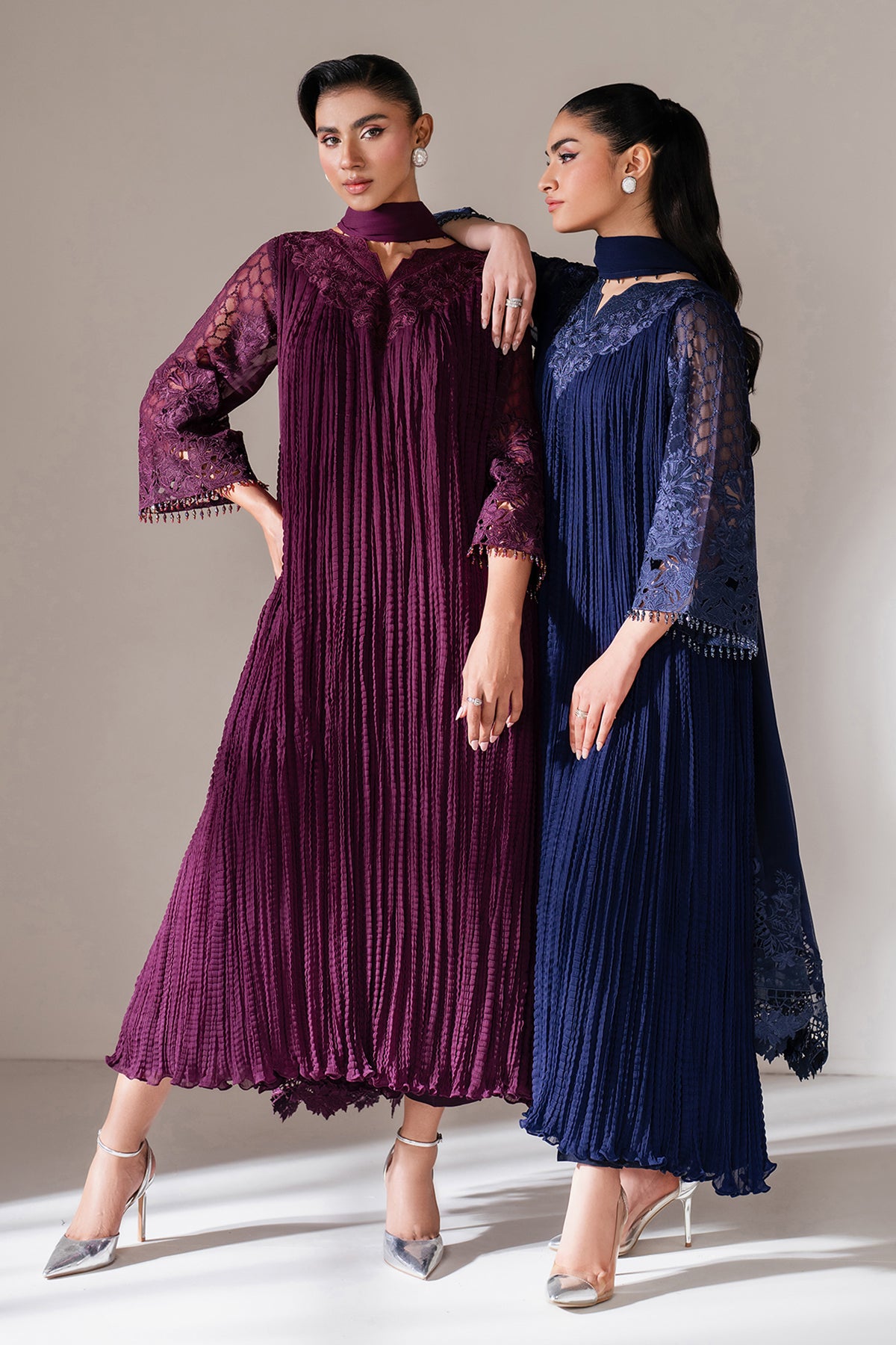 Pakistani Navy Embroidered Chiffon Frock (3-Piece) - Image 9