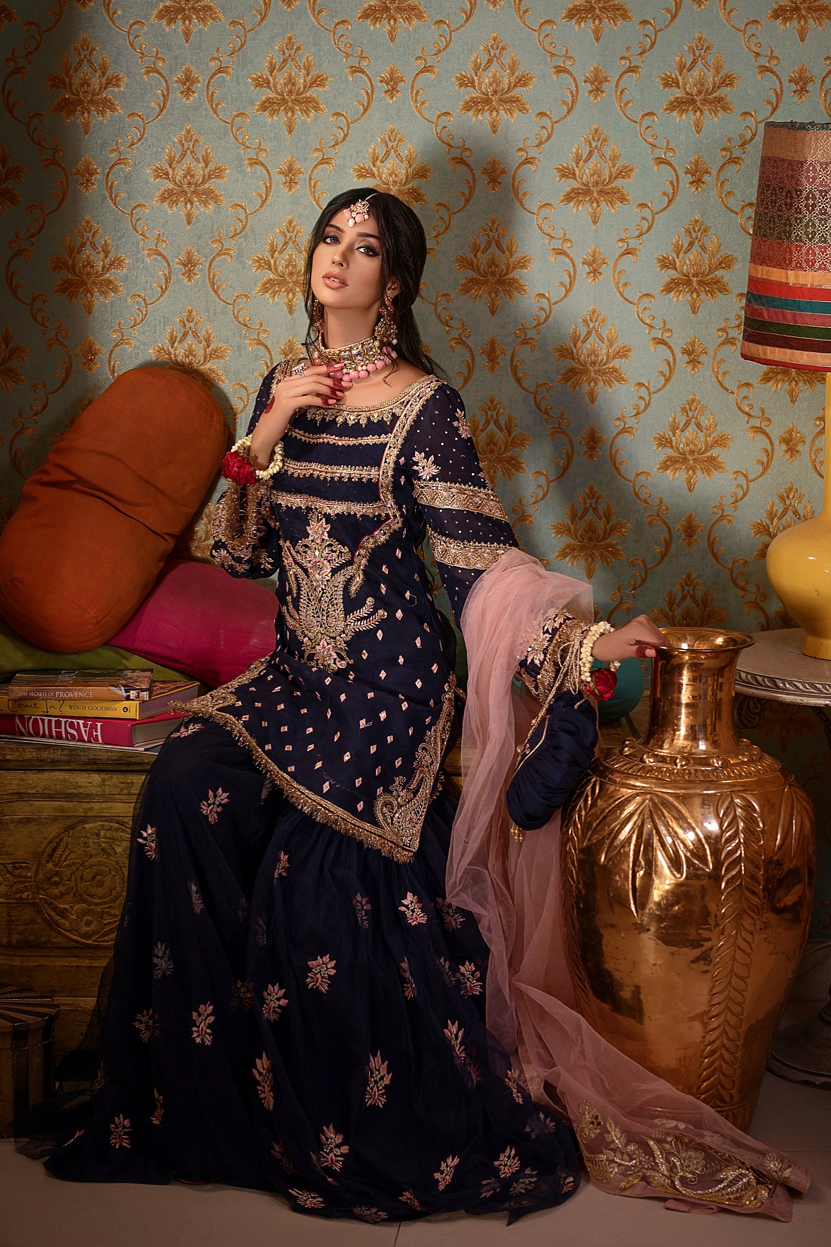 Pakistani Navy Blue Embroidered Chiffon Gharara Set (3-Piece) - Image 1