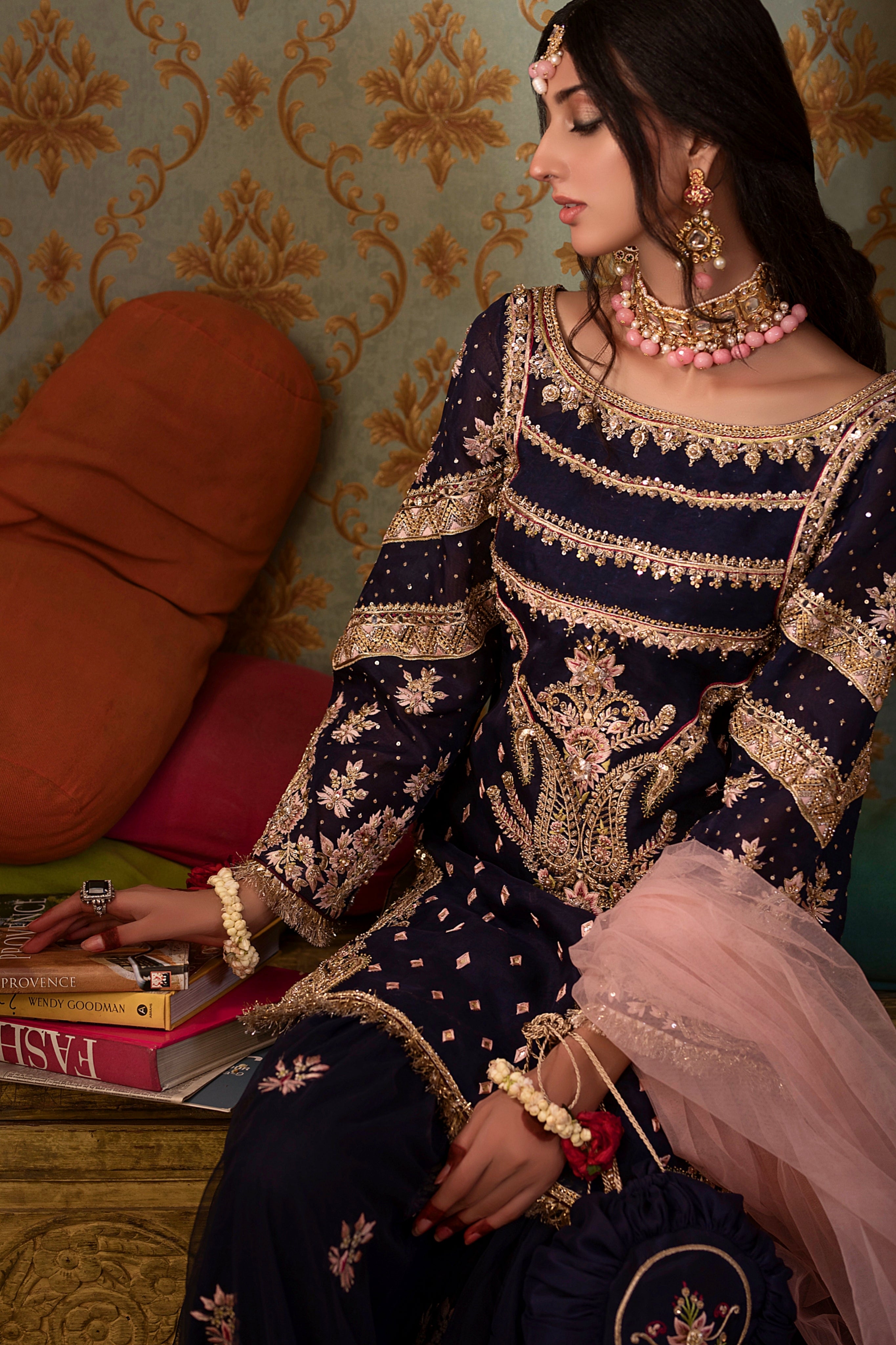 Pakistani Navy Blue Embroidered Chiffon Gharara Set (3-Piece) - Image 2