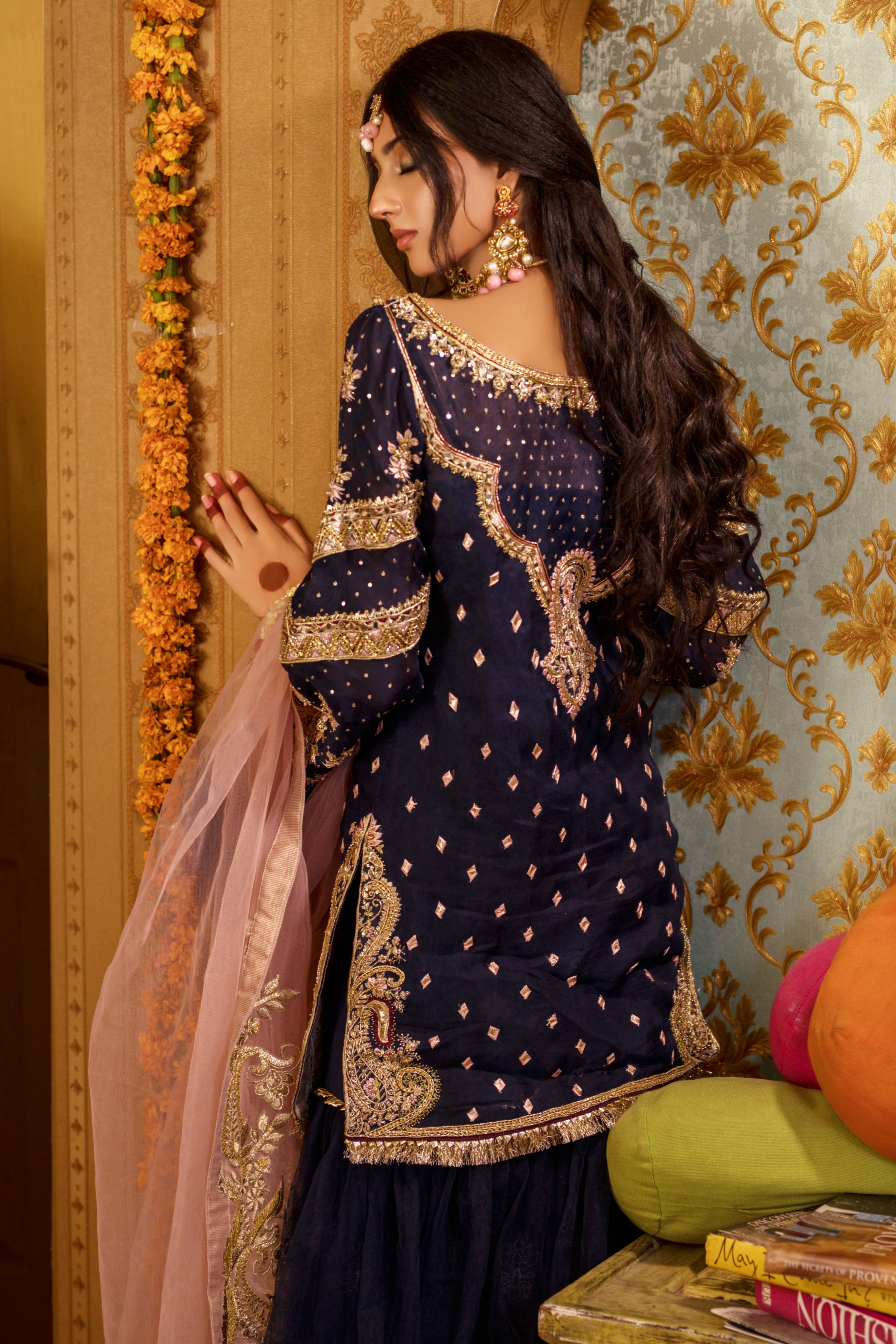 Pakistani Navy Blue Embroidered Chiffon Gharara Set (3-Piece) - Image 3