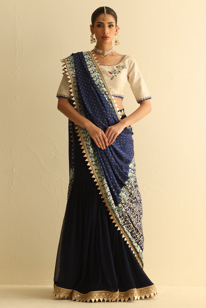 Pakistani Navy Blue Embroidered Chiffon Gharara (3-Piece) - Image 1