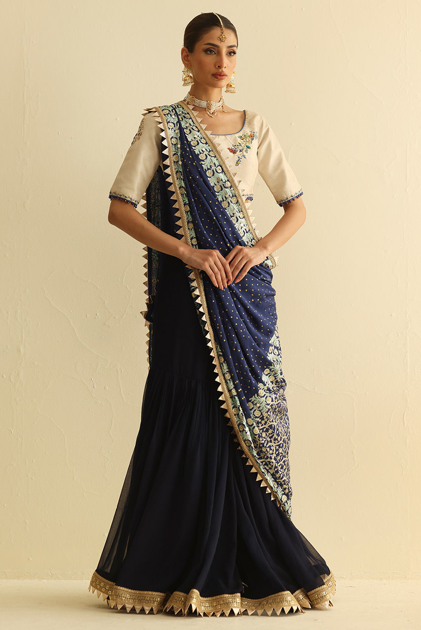 Pakistani Navy Blue Embroidered Chiffon Gharara (3-Piece) - Image 2