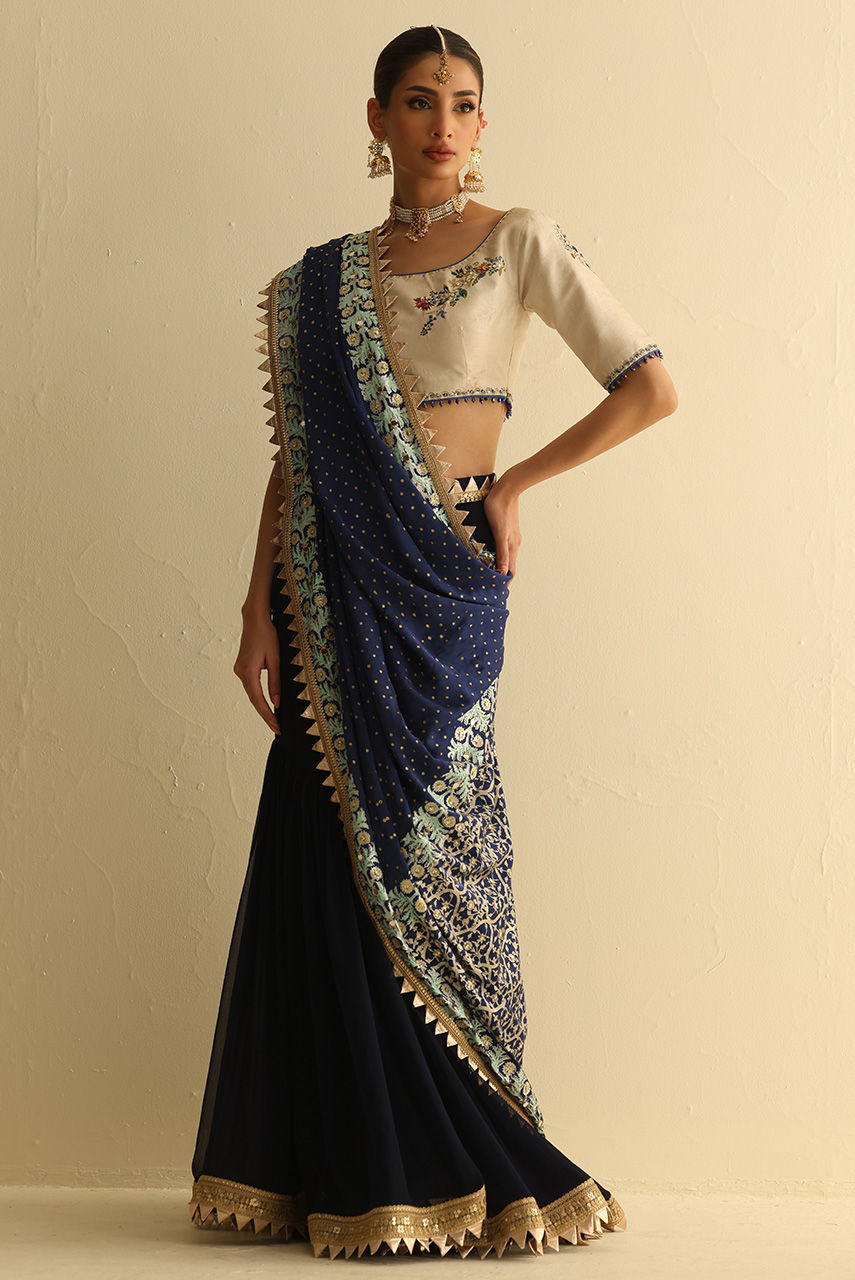 Pakistani Navy Blue Embroidered Chiffon Gharara (3-Piece) - Image 3