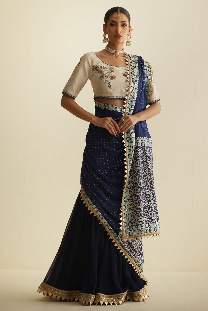 Pakistani Navy Blue Embroidered Chiffon Gharara (3-Piece) - Image 4