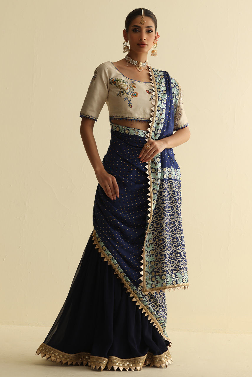 Pakistani Navy Blue Embroidered Chiffon Gharara (3-Piece) - Image 5