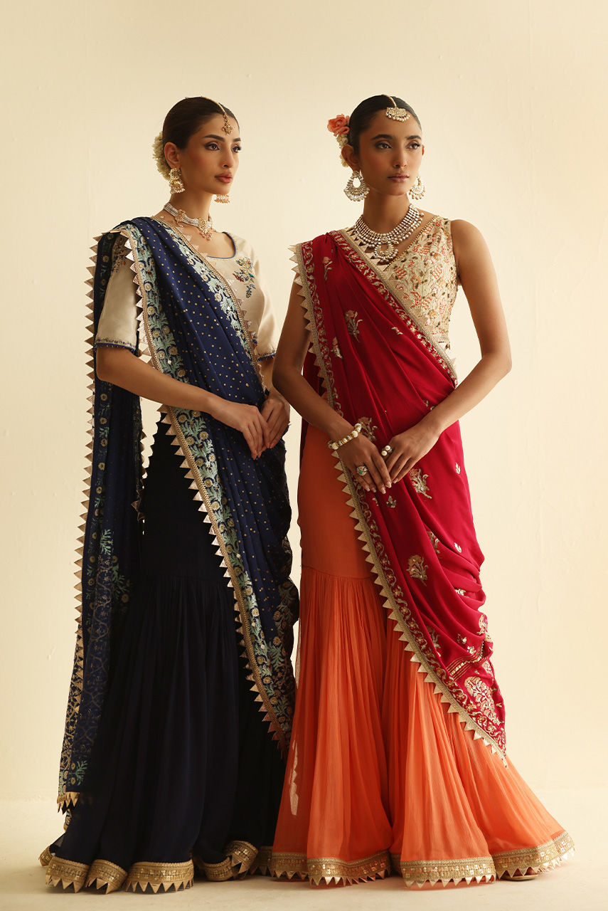 Pakistani Navy Blue Embroidered Chiffon Gharara (3-Piece) - Image 6