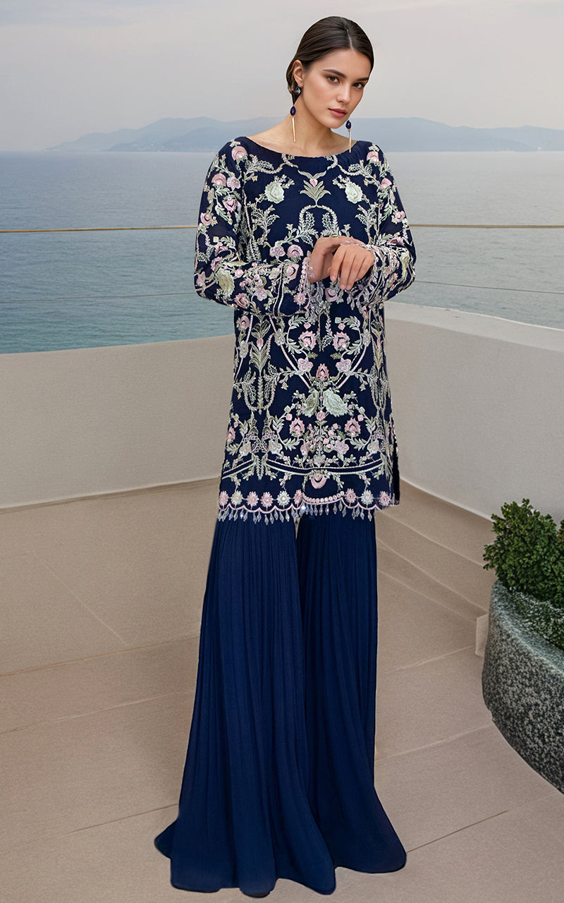 Navy Embroidered Chiffon Gharara Set (2-Piece) - Image 1