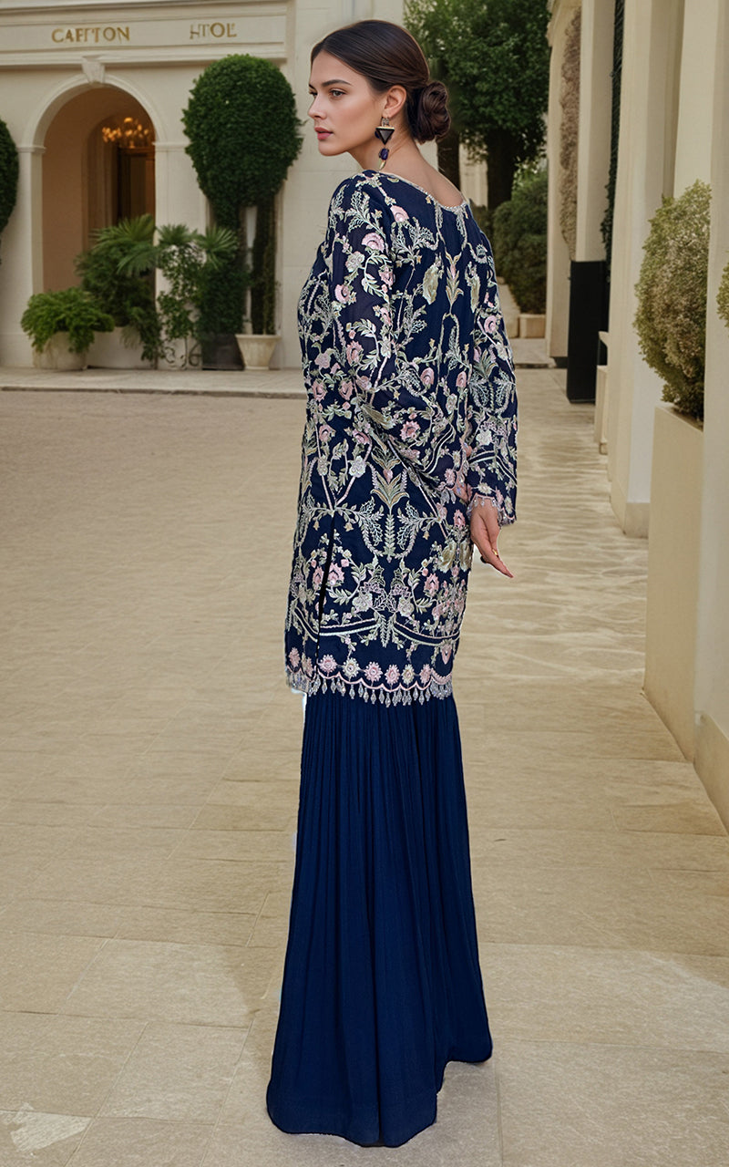 Navy Embroidered Chiffon Gharara Set (2-Piece) - Image 3