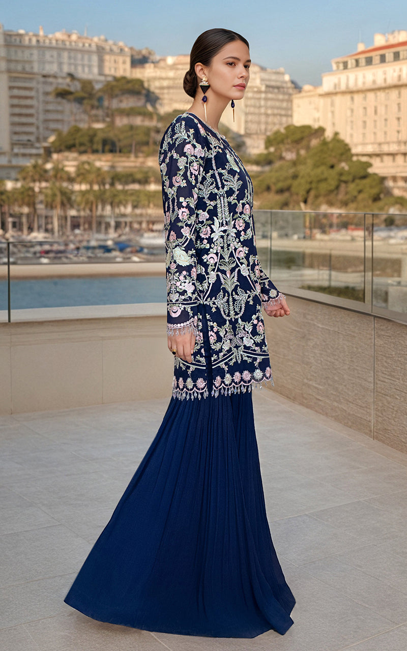 Navy Embroidered Chiffon Gharara Set (2-Piece) - Image 4