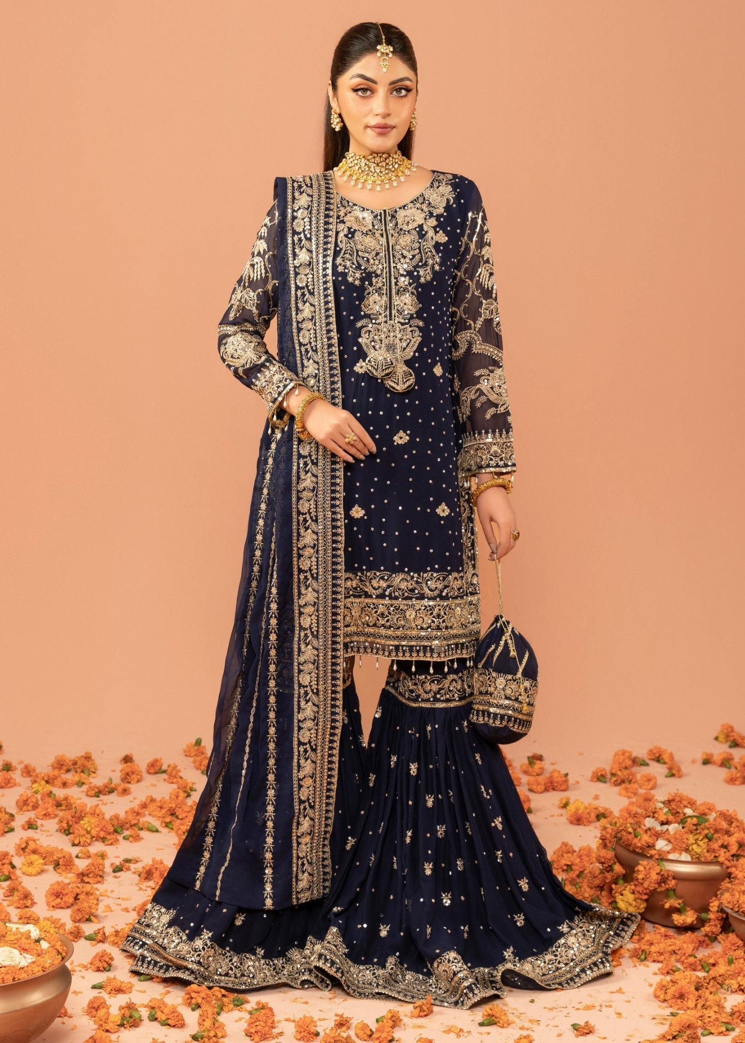 Navy Blue Embroidered Chiffon Gharara Set (3-Piece) - Image 1