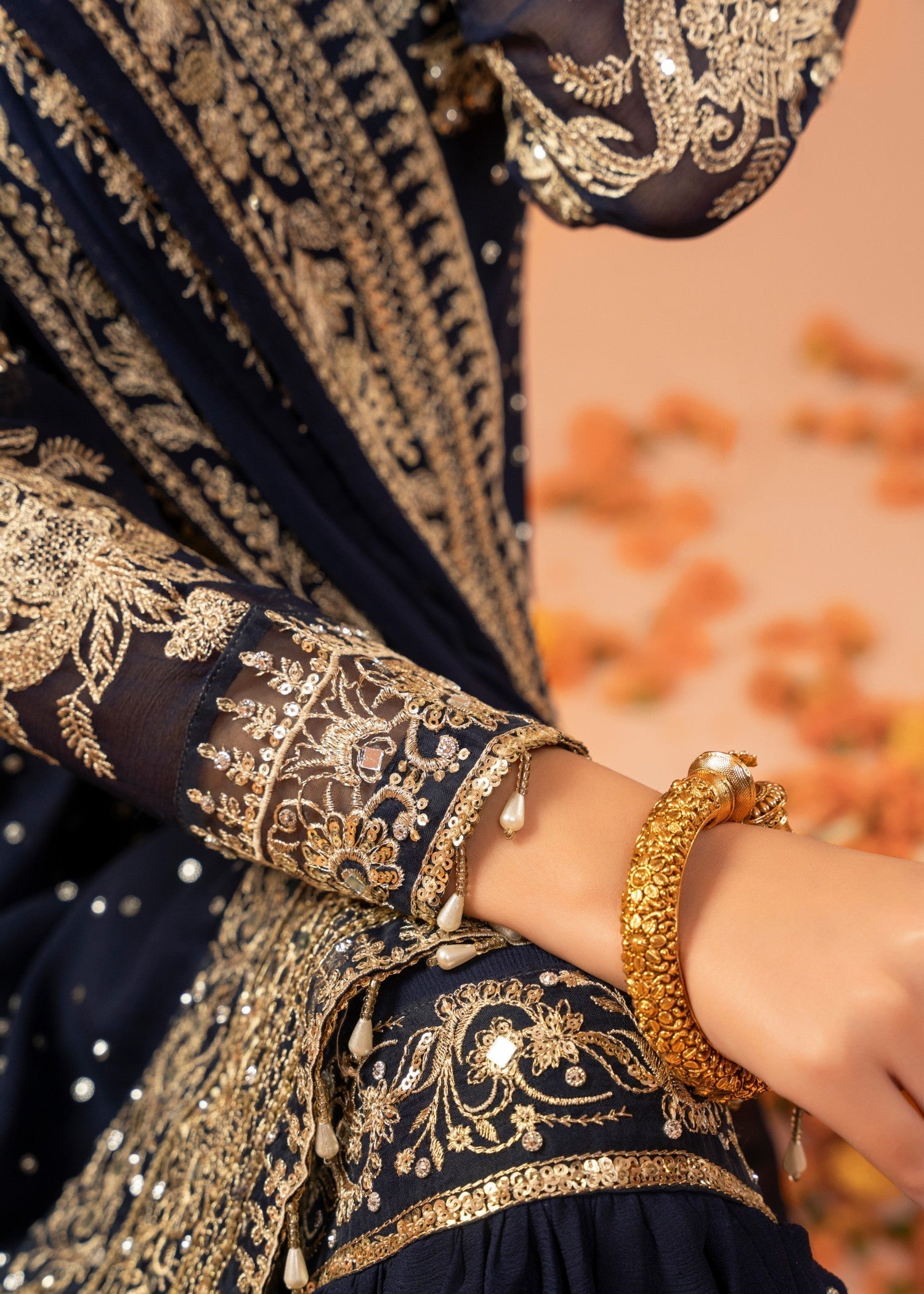 Navy Blue Embroidered Chiffon Gharara Set (3-Piece) - Image 10