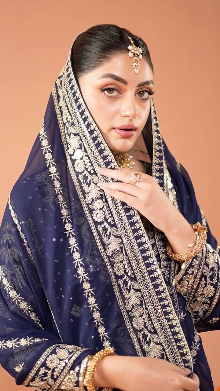 Navy Blue Embroidered Chiffon Gharara Set (3-Piece) - Image 11