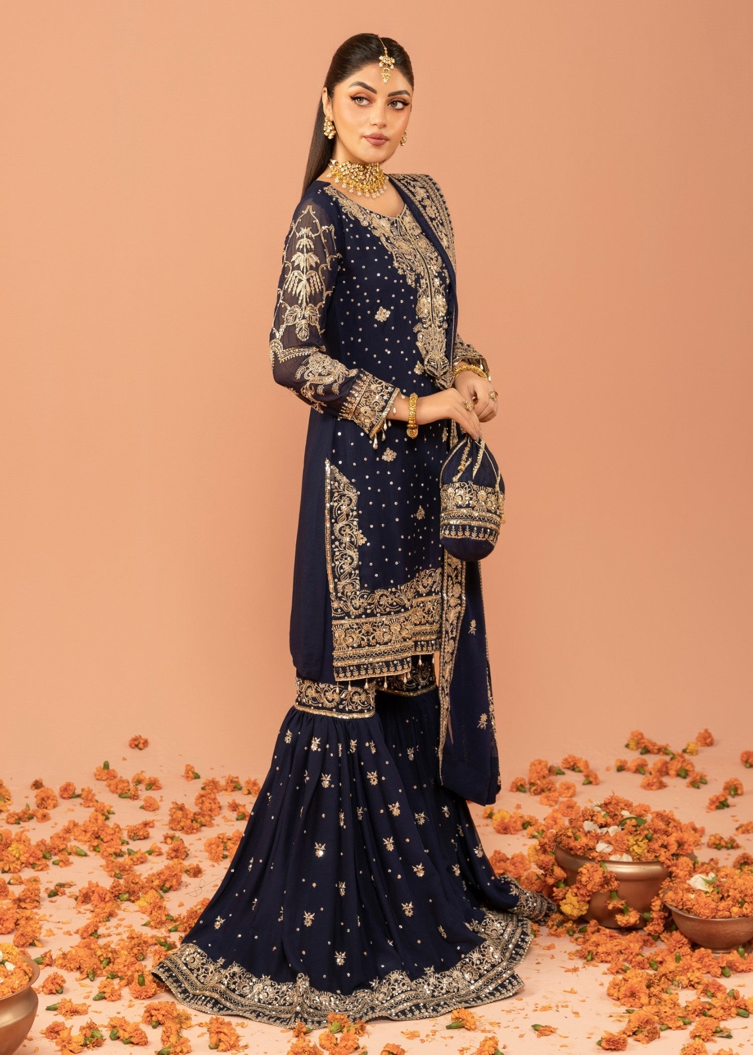 Navy Blue Embroidered Chiffon Gharara Set (3-Piece) - Image 2