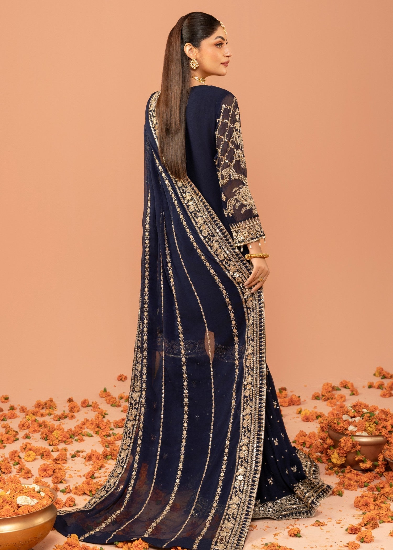 Navy Blue Embroidered Chiffon Gharara Set (3-Piece) - Image 3