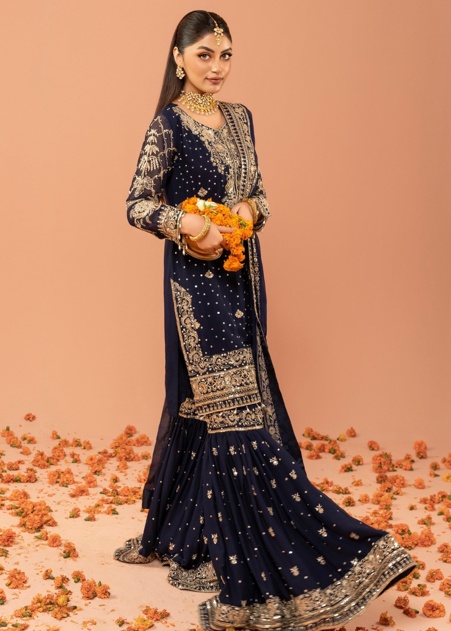 Navy Blue Embroidered Chiffon Gharara Set (3-Piece) - Image 4