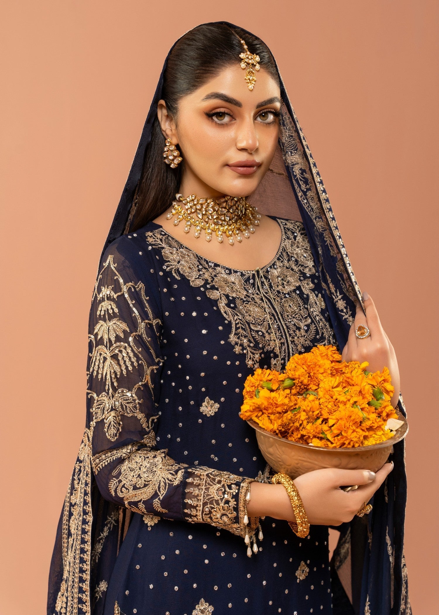 Navy Blue Embroidered Chiffon Gharara Set (3-Piece) - Image 5