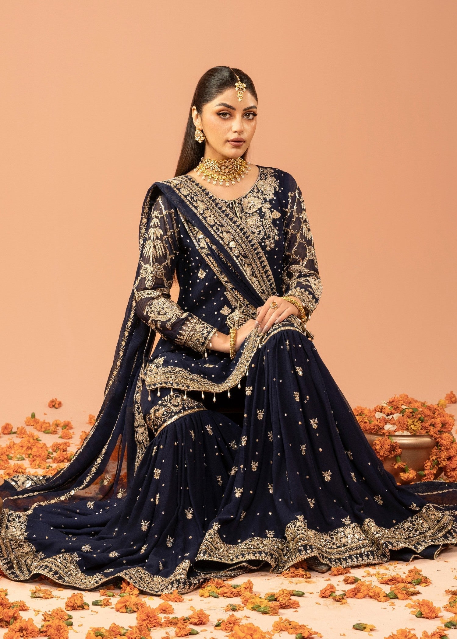 Navy Blue Embroidered Chiffon Gharara Set (3-Piece) - Image 6