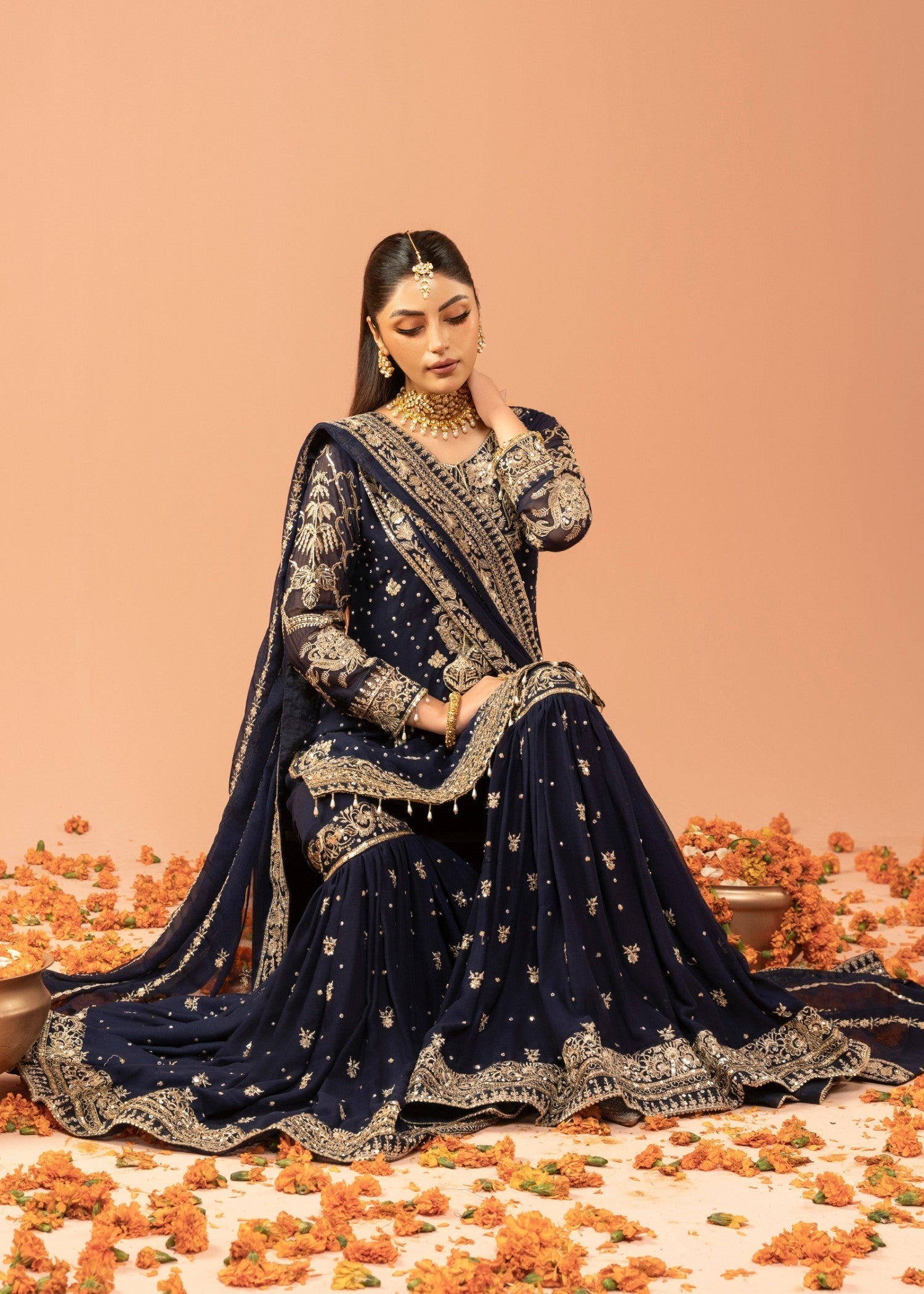 Navy Blue Embroidered Chiffon Gharara Set (3-Piece) - Image 7