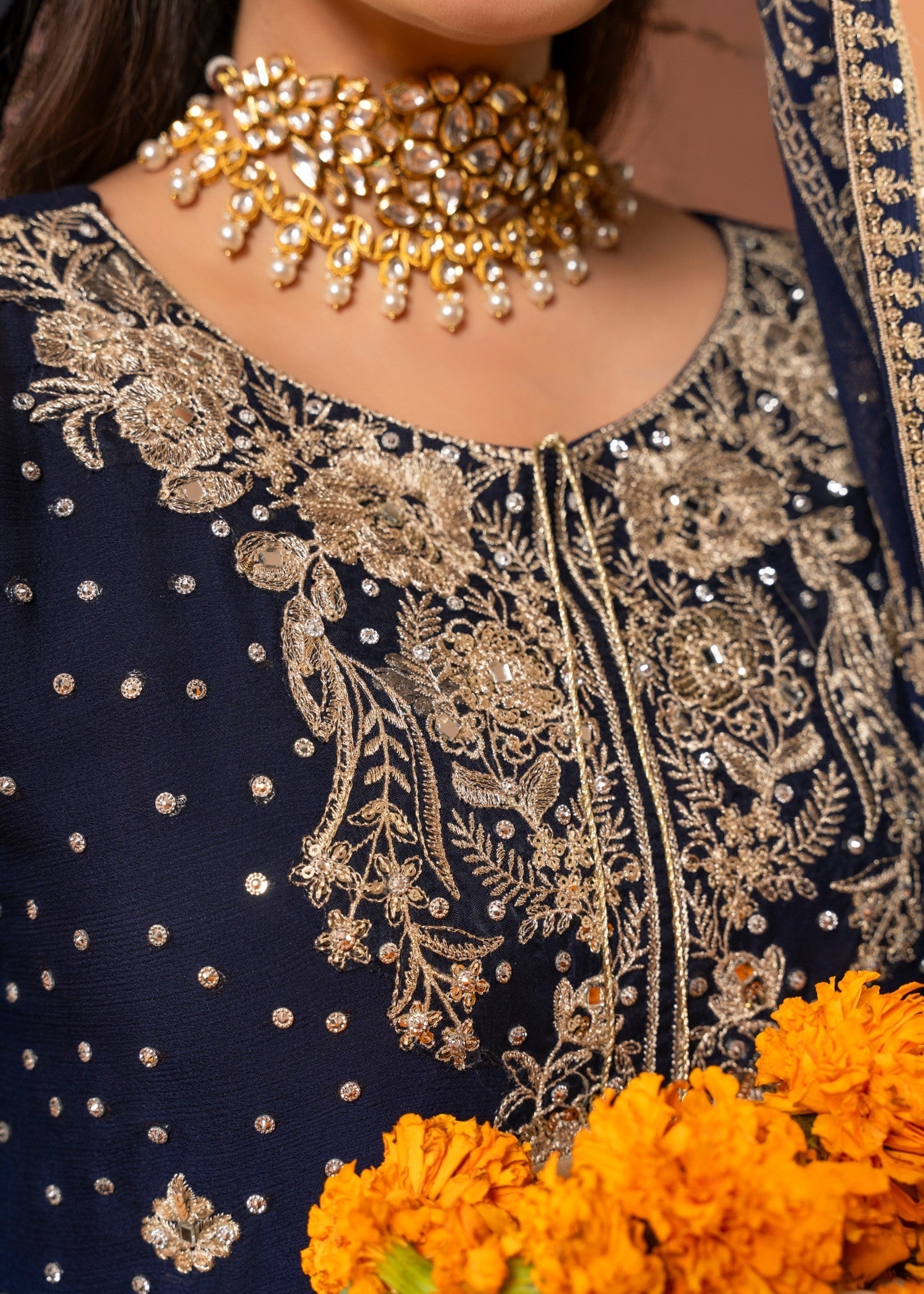 Navy Blue Embroidered Chiffon Gharara Set (3-Piece) - Image 9